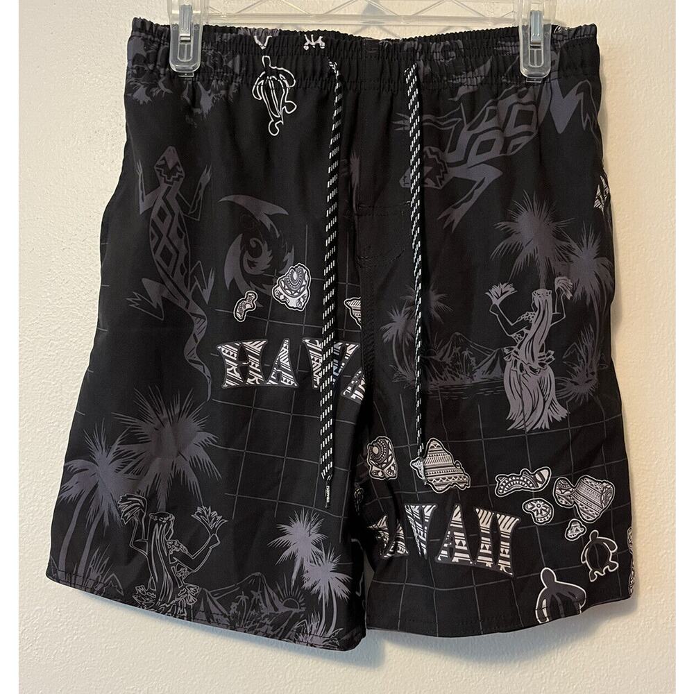 Favant Hawaii Men’s Small Black Shorts Swim Trunks Island Hula Girl Turtle